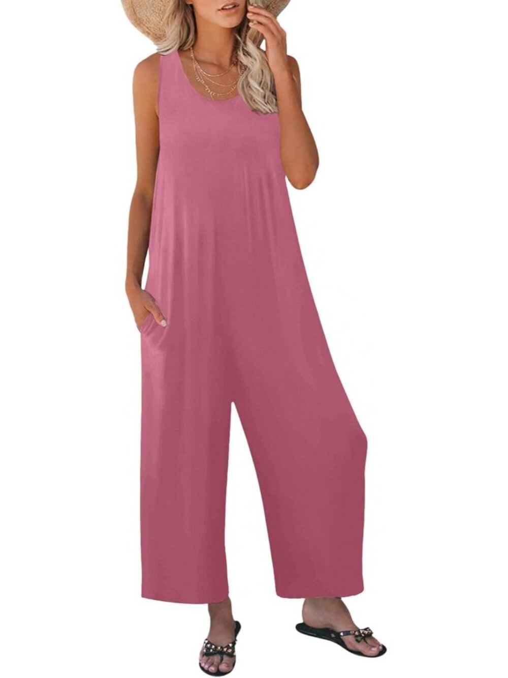 Women's Light Pink Casual Loose Tank Sleeveless Crewneck Long Pant Romper